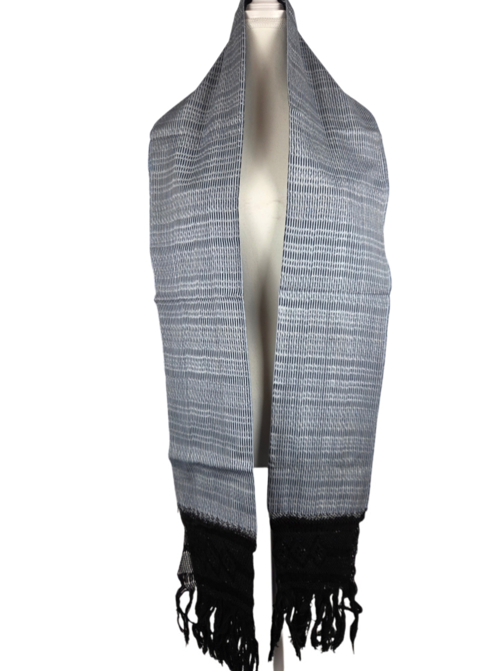 Traditional Loom-Woven Mexican Rebozo Scarf | Grey Stripe Wrap with Knotted Frin
